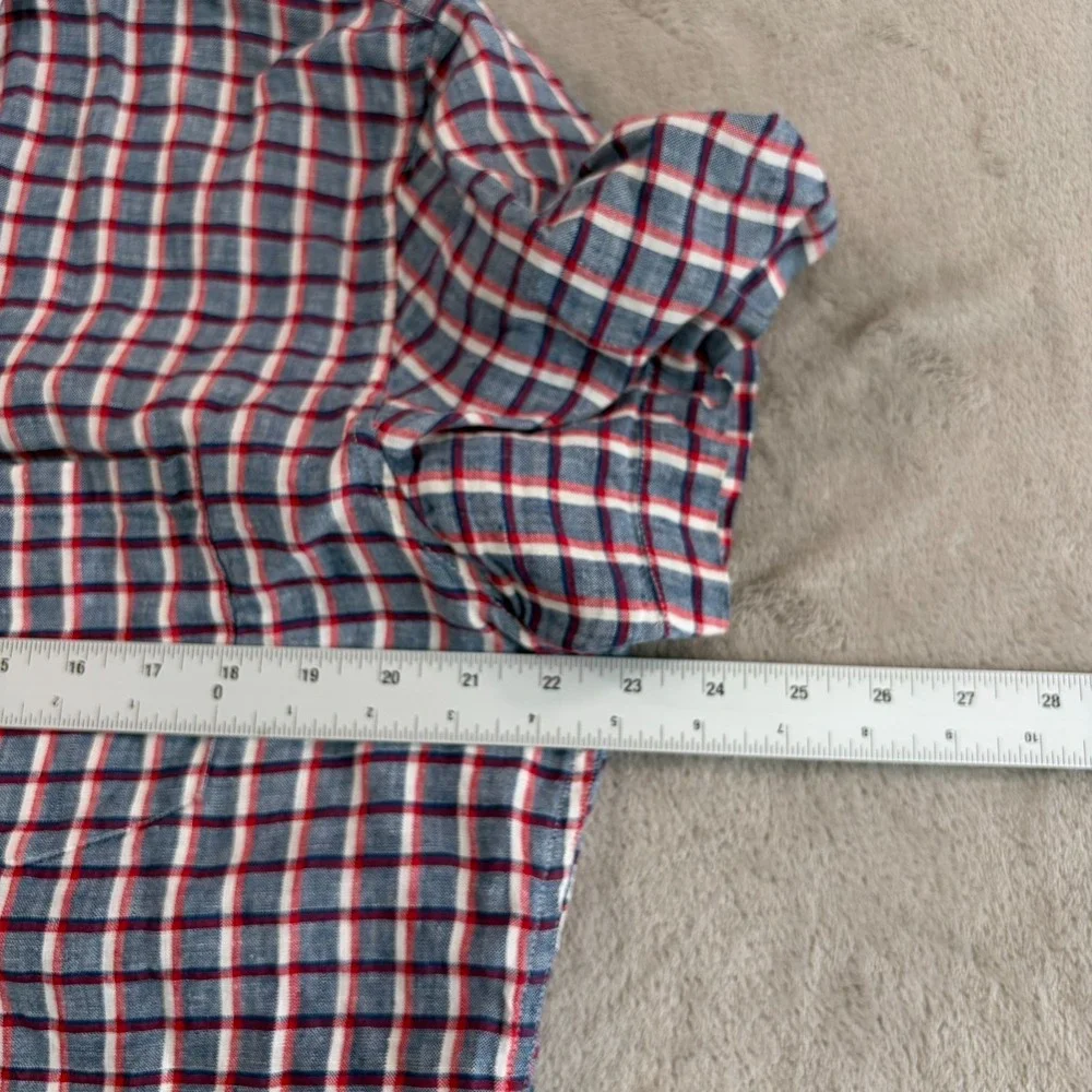 Banana Republic Camden Fit Shirt Men Large‎ Blue Red White Plaid 100% Linen NWOT